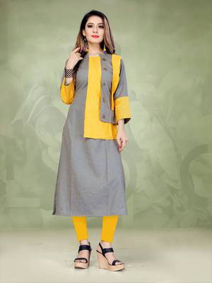 Light-yellow plain cotton long-kurtis 1
