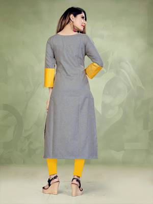 Light-yellow plain cotton long-kurtis 3
