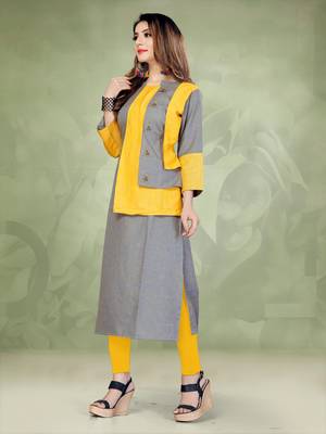 Light-yellow plain cotton long-kurtis 4