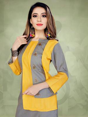 Light-yellow plain cotton long-kurtis 5