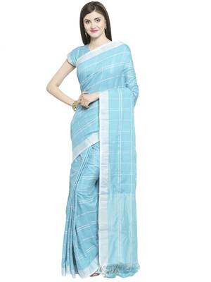 turquoise printed linen saree with blouse 1