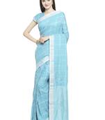 turquoise printed linen saree with blouse