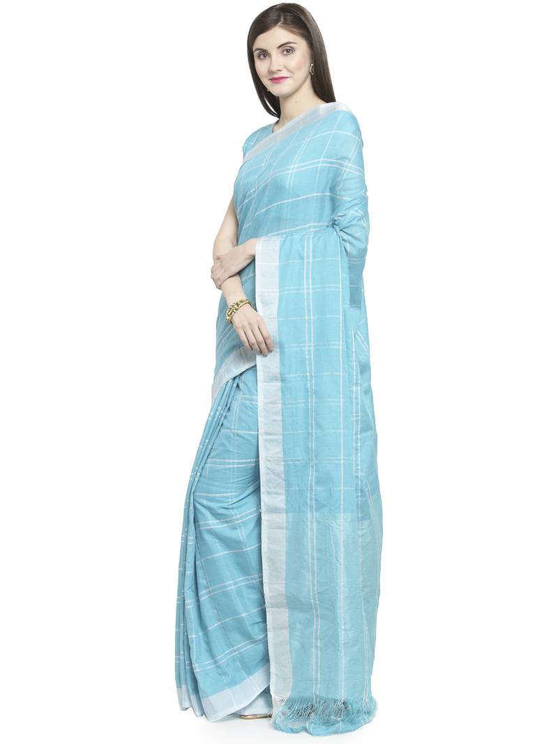 turquoise printed linen saree with blouse