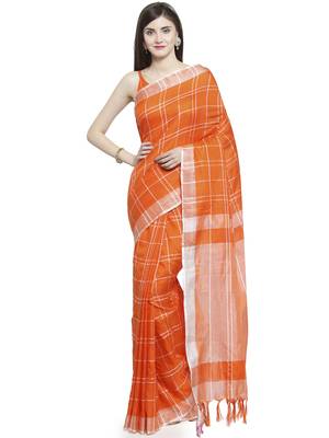 orange printed linen saree with blouse 1