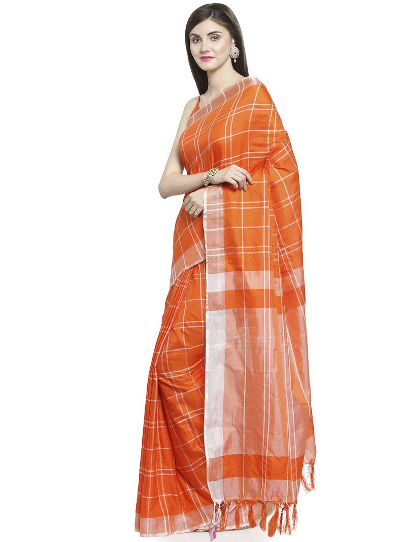 orange printed linen saree with blouse