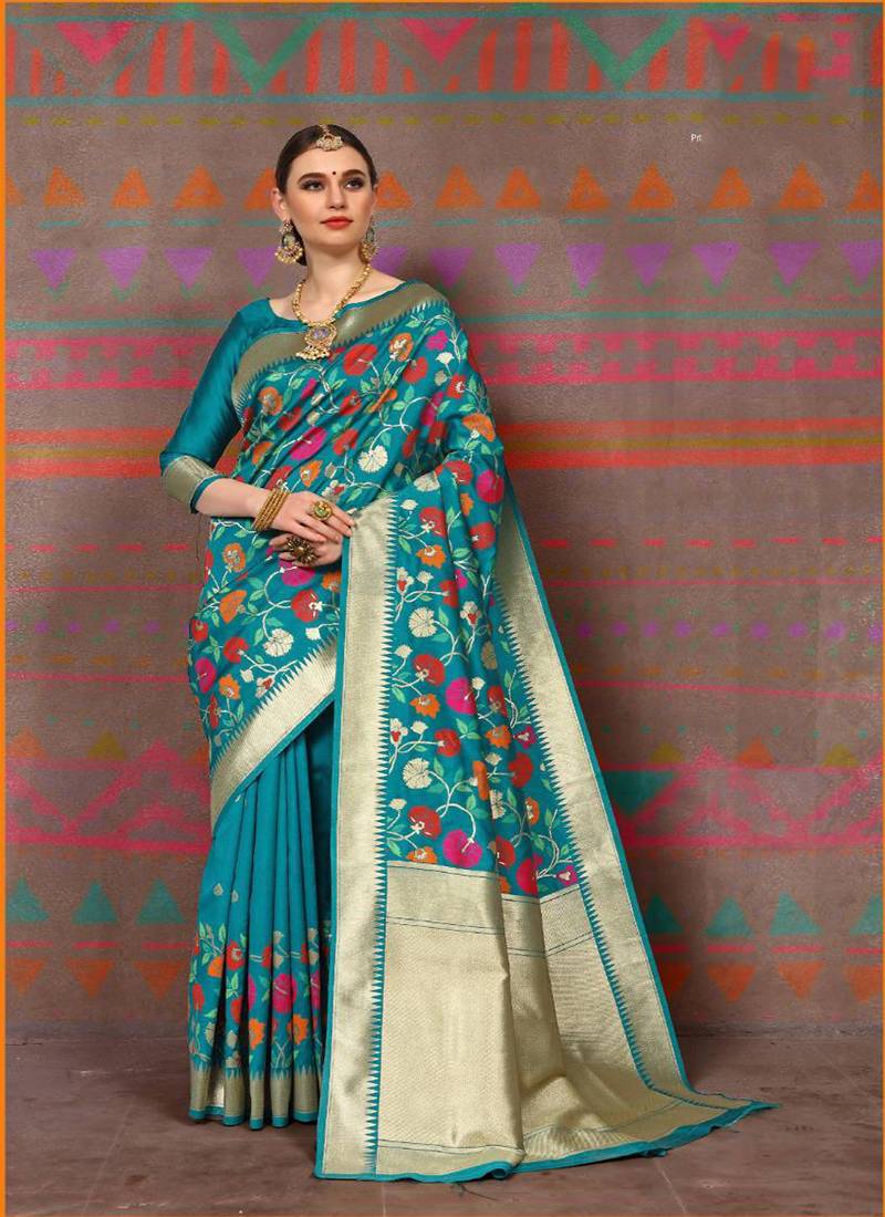 turquoise woven silk blend saree with blouse