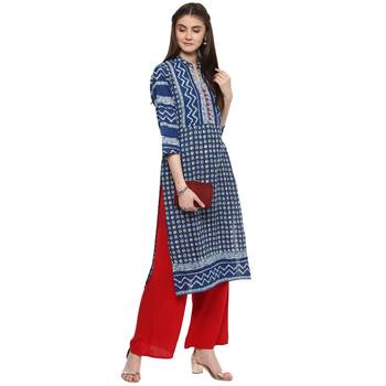 blue printed cotton straight kurti 1