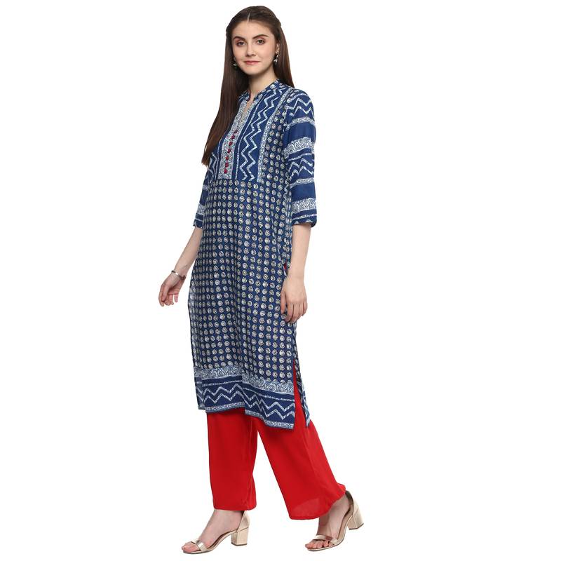 blue printed cotton straight kurti