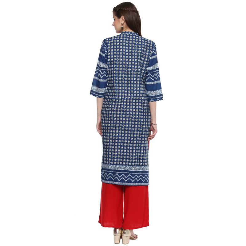 blue printed cotton straight kurti