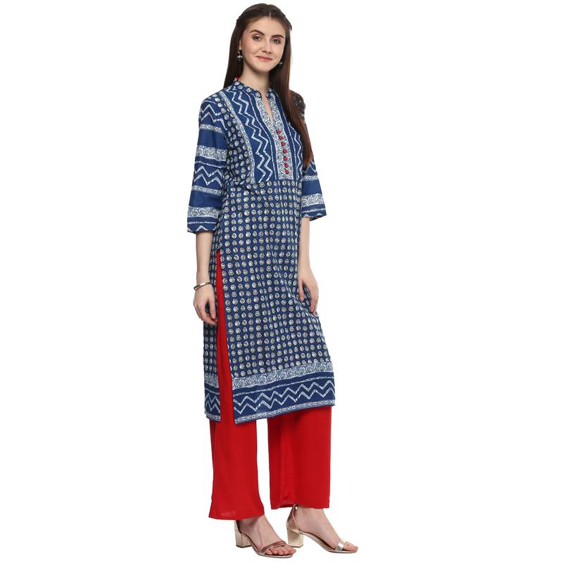 blue printed cotton straight kurti