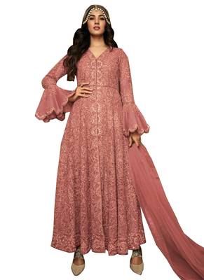 Peach embroidered net salwar 1
