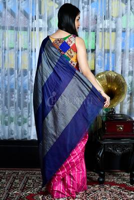Candy Pink Blended Cotton Saree With Gheecha Stripes And Blue Pallu 2