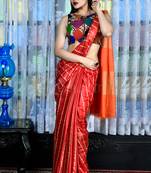 Maroon Blended Cotton Saree With Gheecha Stripes And Orange Pallu