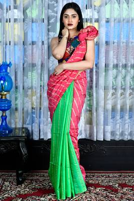 Pulser Pink And Parrot Green Blended Cotton Saree With Gheecha Stripes And Pallu 1