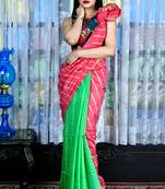 Pulser Pink And Parrot Green Blended Cotton Saree With Gheecha Stripes And Pallu
