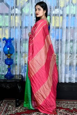 Pulser Pink And Parrot Green Blended Cotton Saree With Gheecha Stripes And Pallu 2