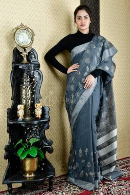 Steel Grey Blended Cotton Saree With Flower Motif Embroidery 1