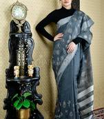 Steel Grey Blended Cotton Saree With Flower Motif Embroidery