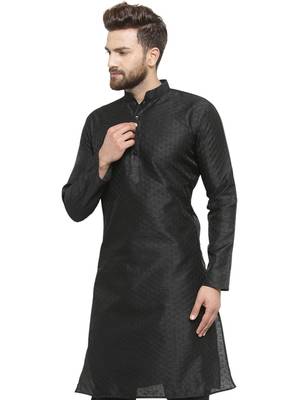 Black Plain Linen Men Kurtas 3