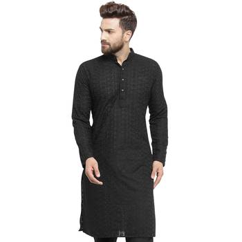 Chikankari Black Cotton Kurta For Men 1