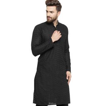 Chikankari Black Cotton Kurta For Men 2