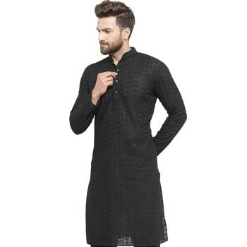 Chikankari Black Cotton Kurta For Men 3