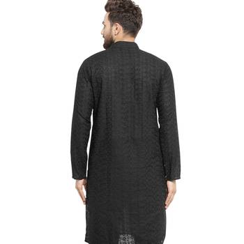 Chikankari Black Cotton Kurta For Men 4