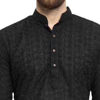 Chikankari Black Cotton Kurta For Men 5