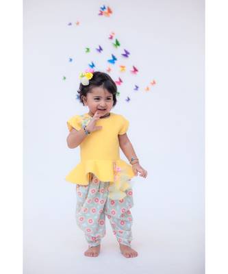 Yellow Linen Peplum with Printed Dhoti 1