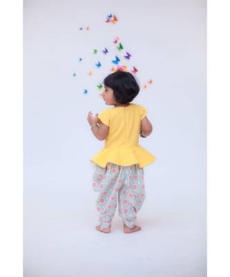 Yellow Linen Peplum with Printed Dhoti 2
