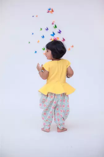 Yellow Linen Peplum with Printed Dhoti