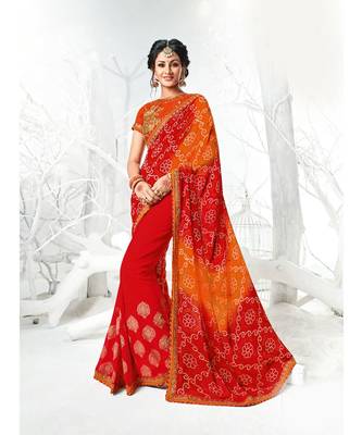 red embroidered georgette saree with blouse 1