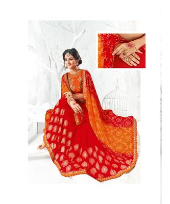 red embroidered georgette saree with blouse 2