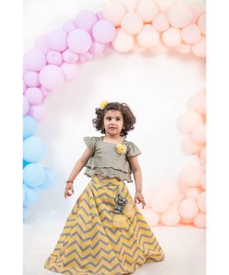 Yellow Printed Lehenga With Grey Top 1