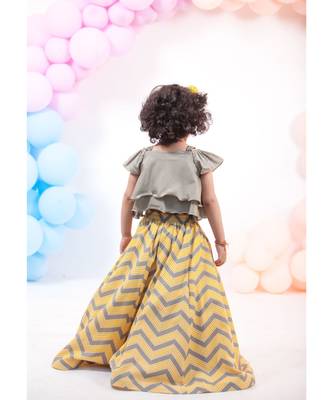 Yellow Printed Lehenga With Grey Top 2