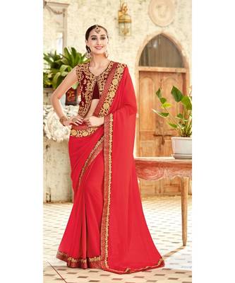 red embroidered chiffon saree with blouse 1