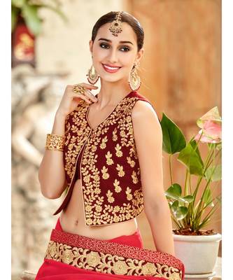 red embroidered chiffon saree with blouse 2