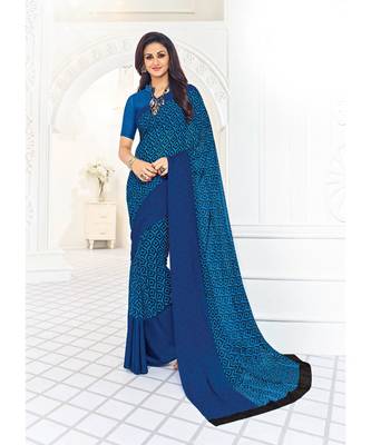 blue printed georgette saree with blouse 1