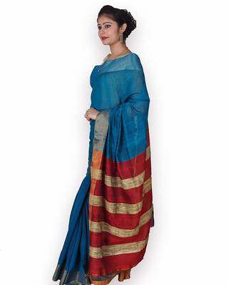 Blue & Red Linen Saree with Zari Weave 1