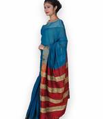 Blue & Red Linen Saree with Zari Weave