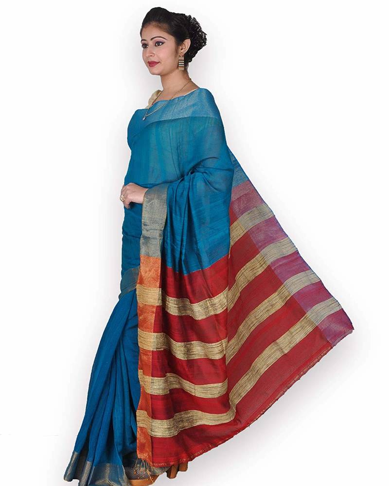 Blue & Red Linen Saree with Zari Weave