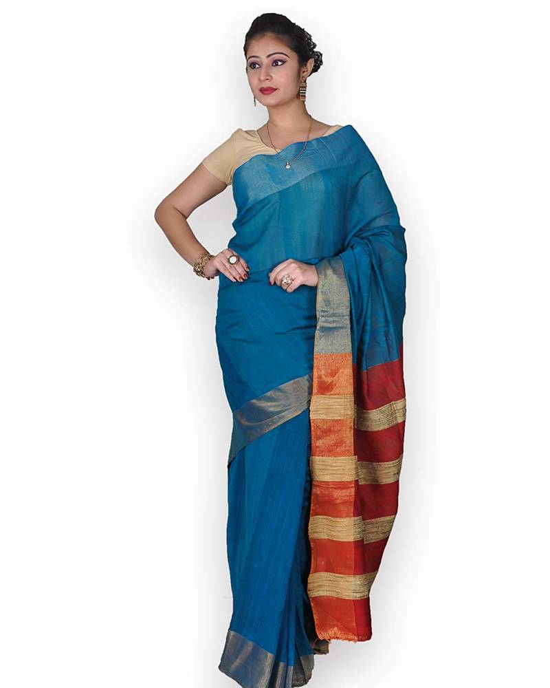 Blue & Red Linen Saree with Zari Weave
