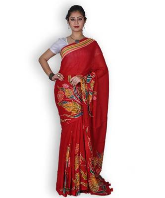 Red Linen Saree with Floral Hand Painting 1
