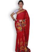 Red Linen Saree with Floral Hand Painting