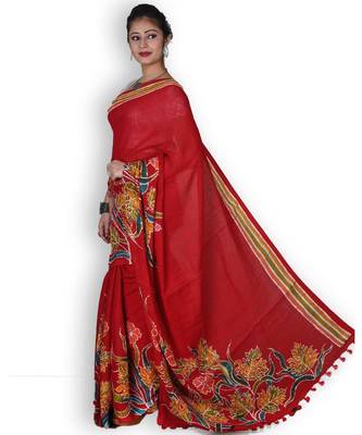 Red Linen Saree with Floral Hand Painting 2