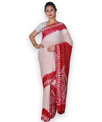 Red & White Georgette Saree With Batik Work 1