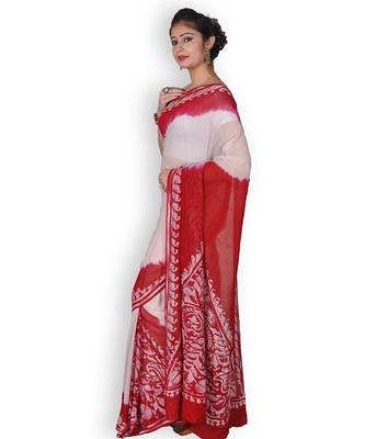 Red & White Georgette Saree With Batik Work 2