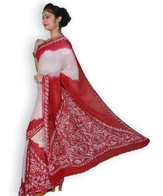 Red & White Georgette Saree With Batik Work 3
