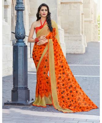 orange printed georgette saree with blouse 2