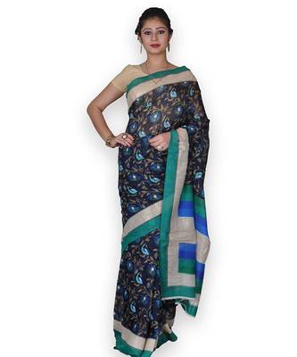 Blue Linen Saree with Floral Jaal 1